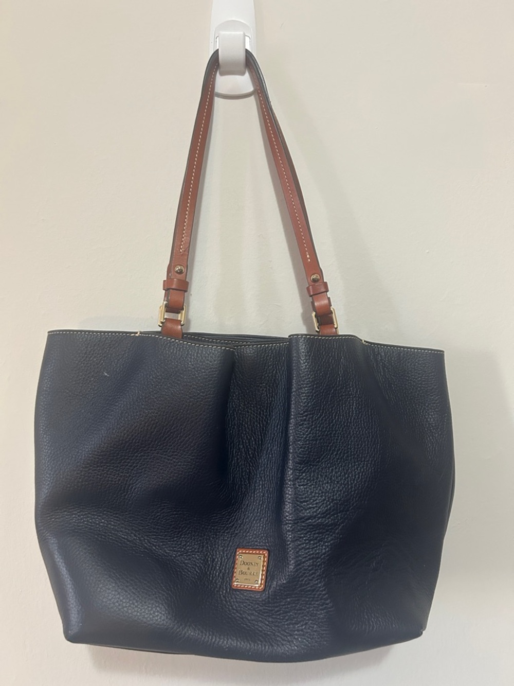 Dooney & Bourke Black Pebbled Leather Tote with Tan Straps